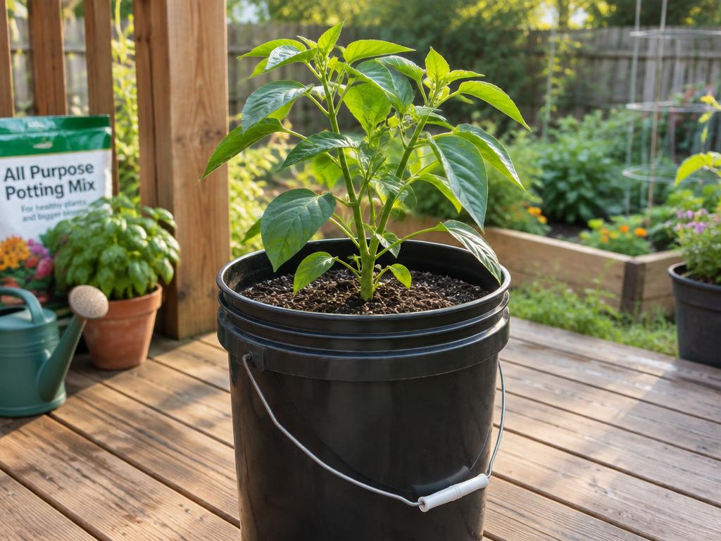 Young plant growing in a 5-gallon bucket on a wooden deck