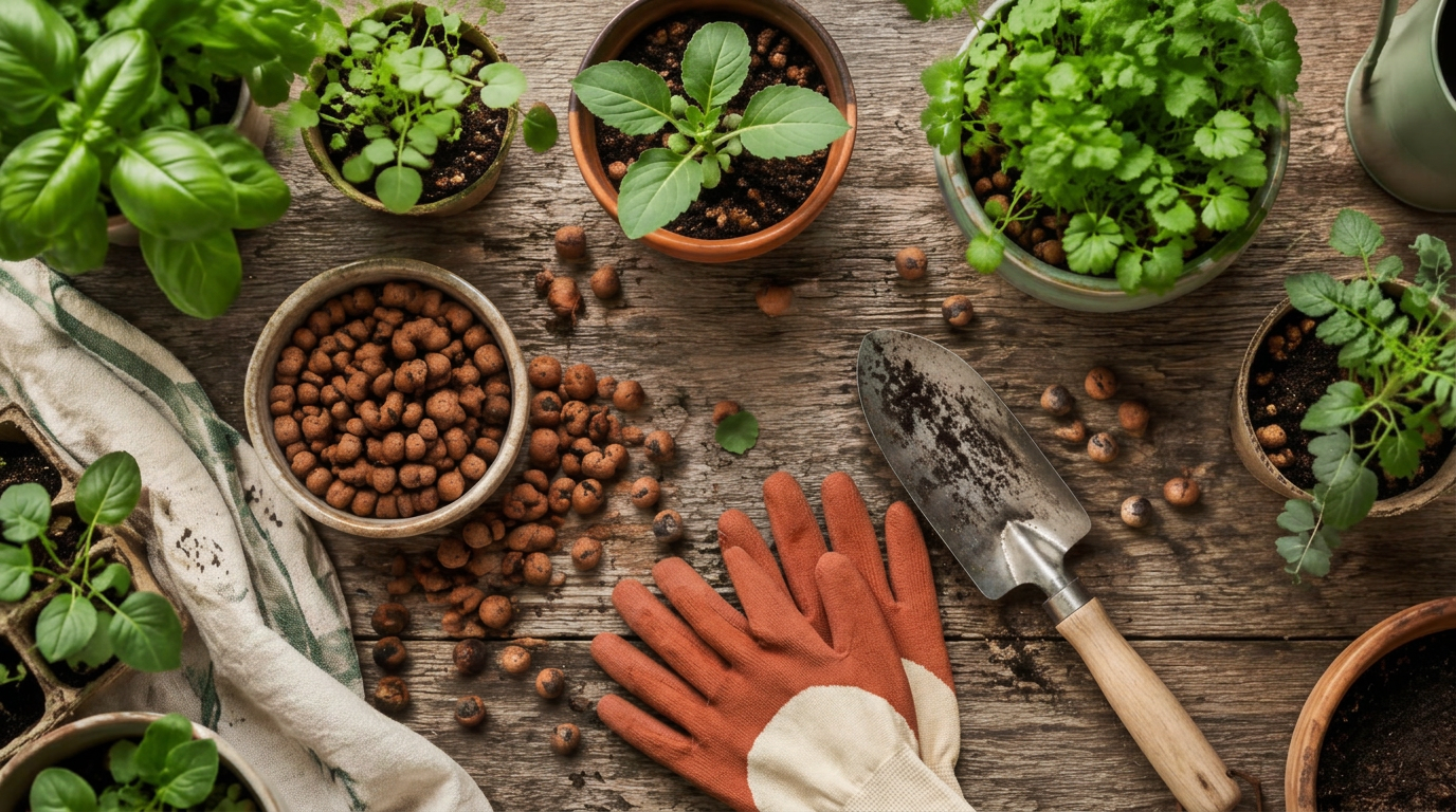A gardener's worktable with clay pebbles, seedlings and hand tools