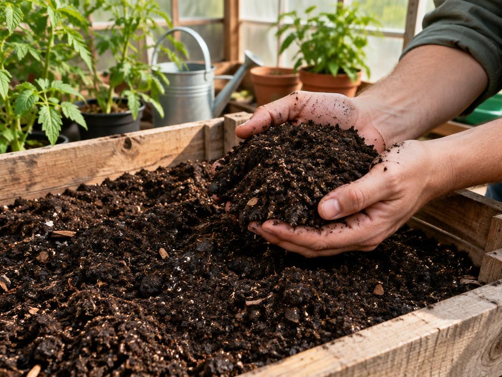 Hands holding rich organic Super Soil Mix in a greenhouse